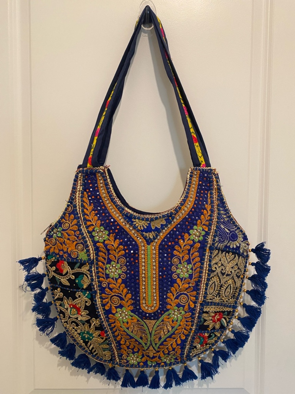 Embroidered Boho Tassel Shoulder Bag - Blue